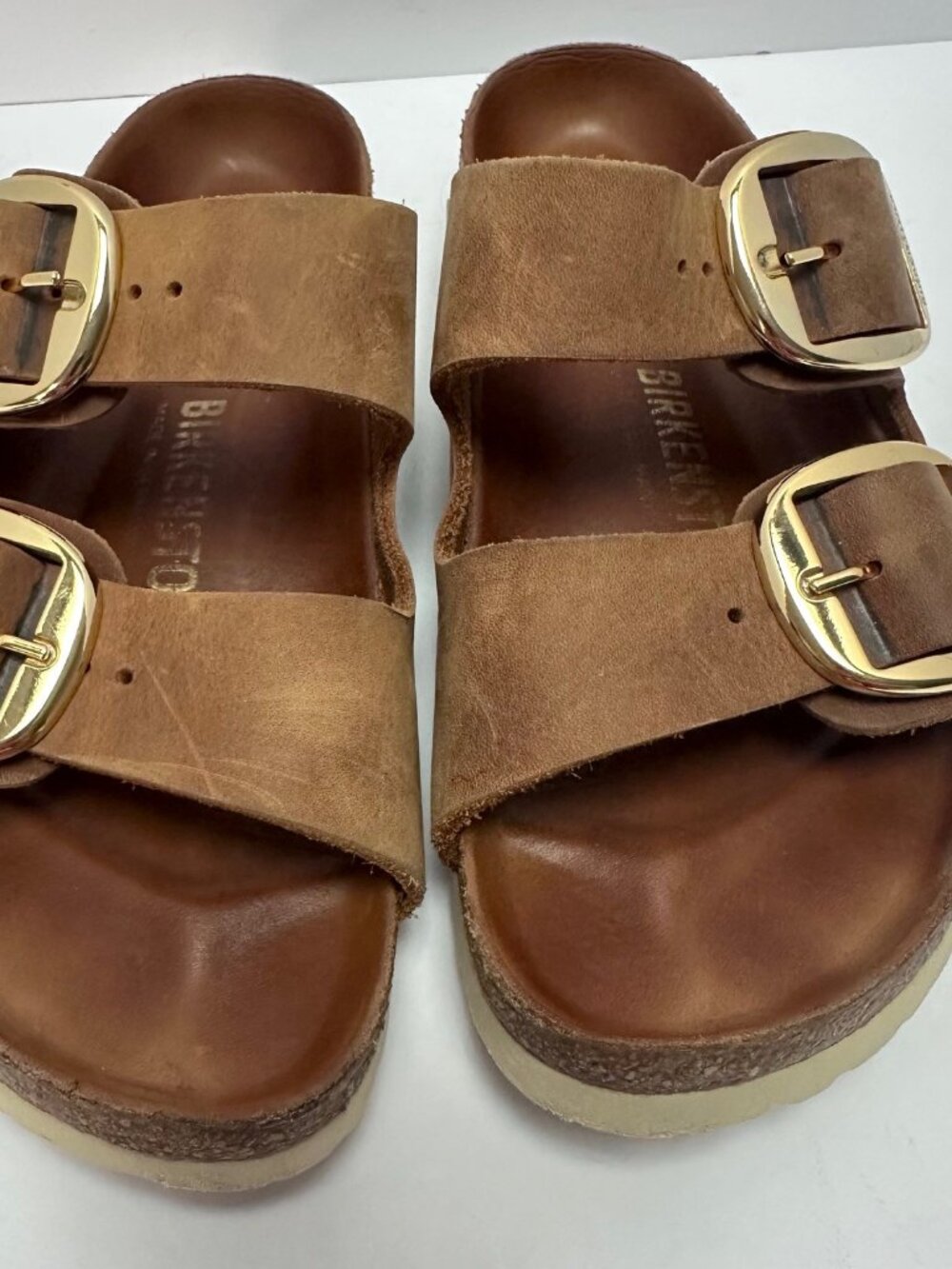 Birkenstock Arizona Big Gold Buckle Oil Leather Sandals S 36 Tan Cognac Boho